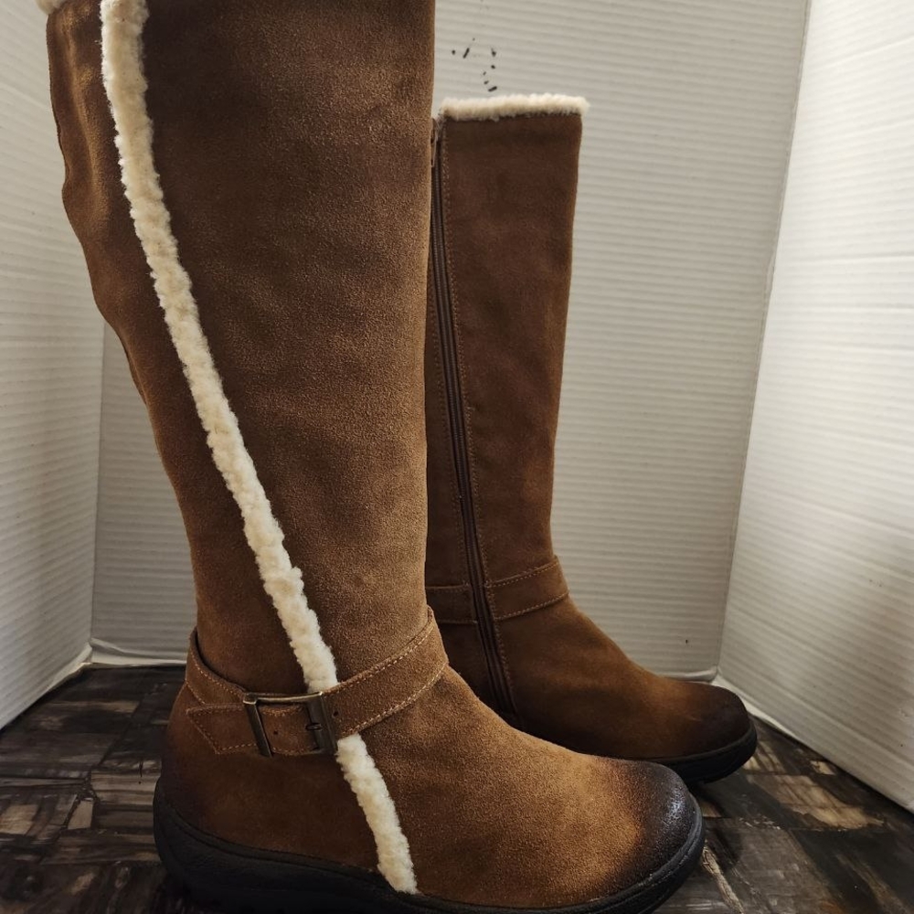 Brown Suede Knee-High Boots with Shearling Trim Size 7.5, Never Used